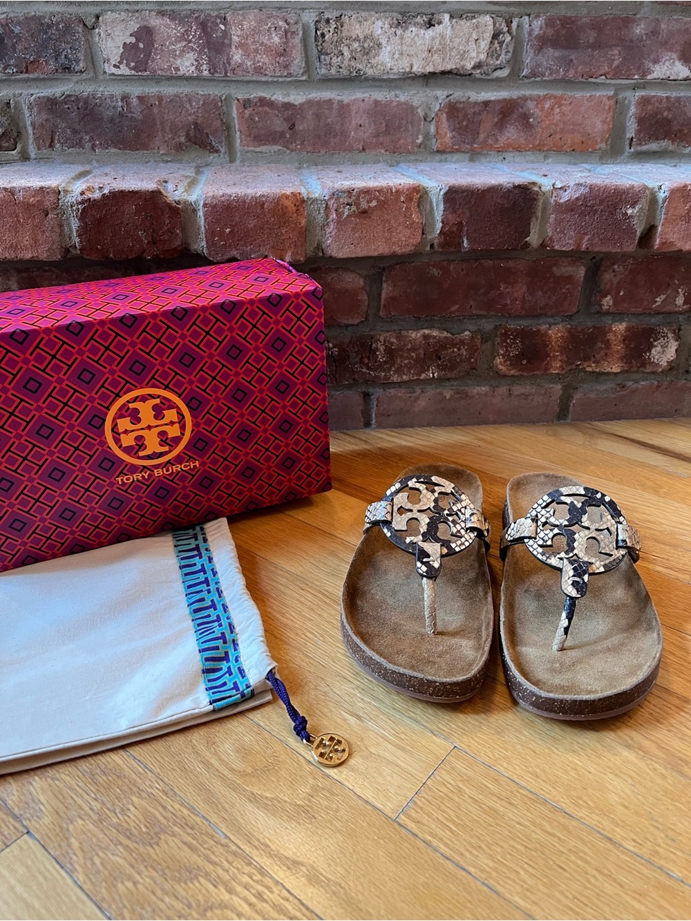 Tory Burch Tan & Black Miller Cloud Stamped Snake Printed Sandals
